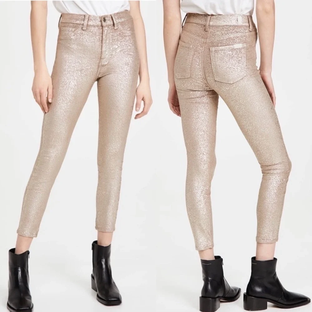 NWT 7 For All Mankind High Waist Skinny Ankle Jean Metallic Velvet Gold